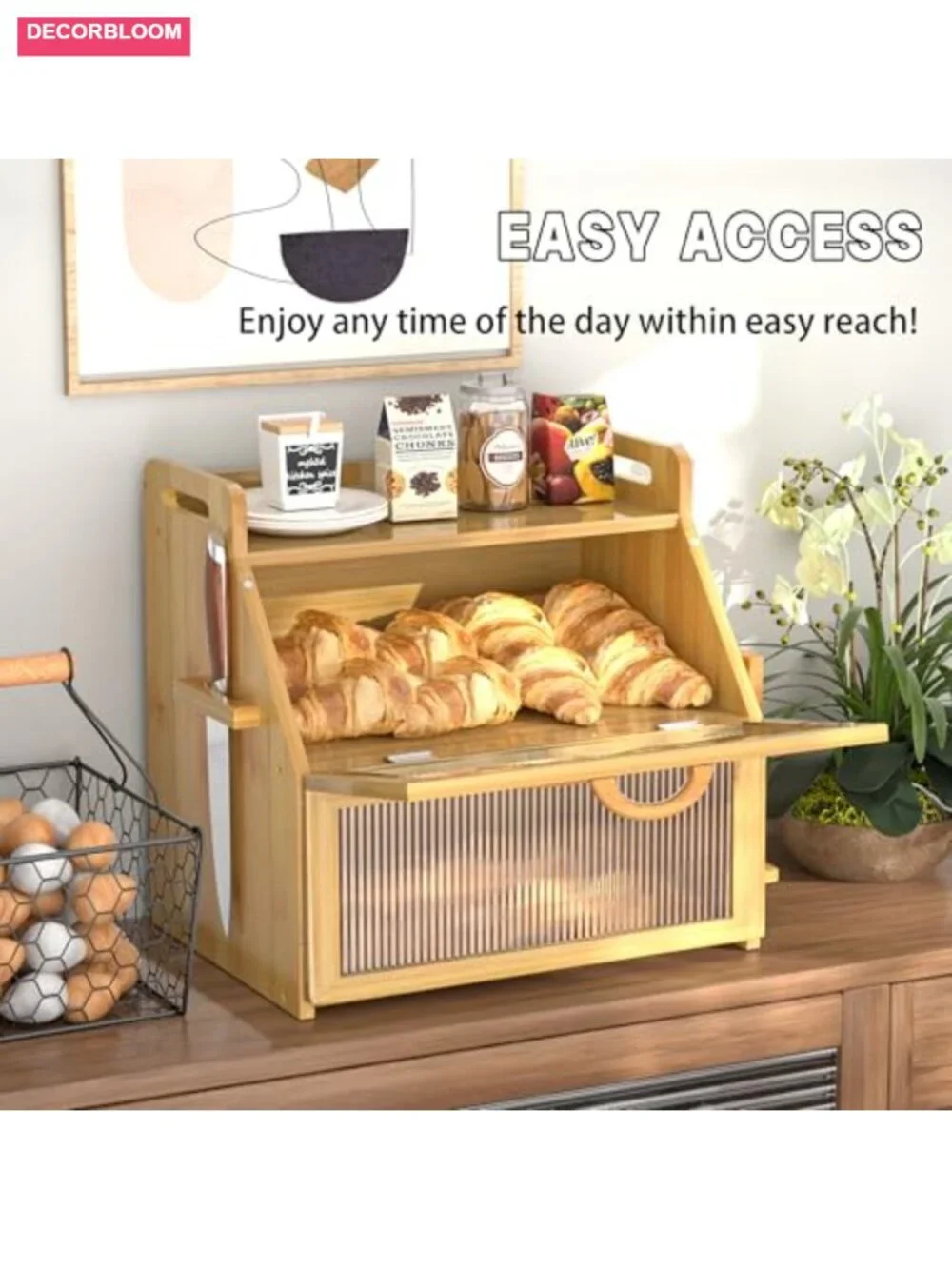 Large Bamboo Bread Box with Acrylic Window, Double Layer Kitchen Countertop